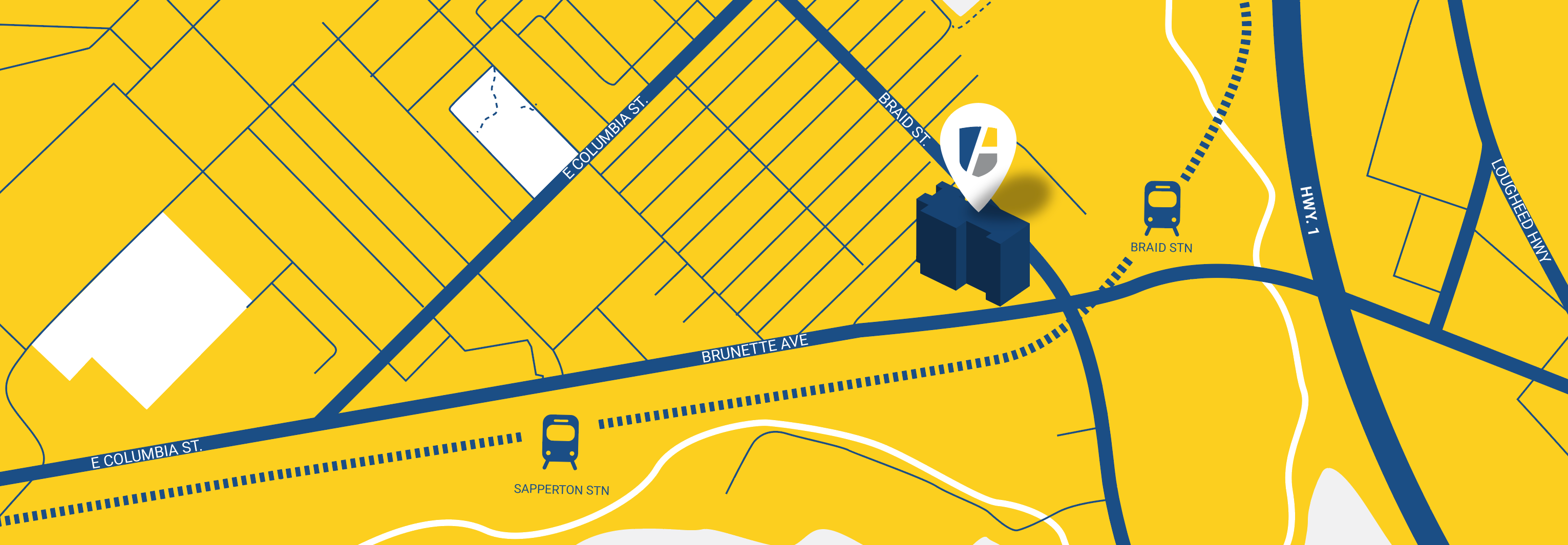 Map showing location of Urban Academy at 466 Rousseau Street in New Westminster, and it's proximity to HWY 1 and the Braid Skytrain Station.
